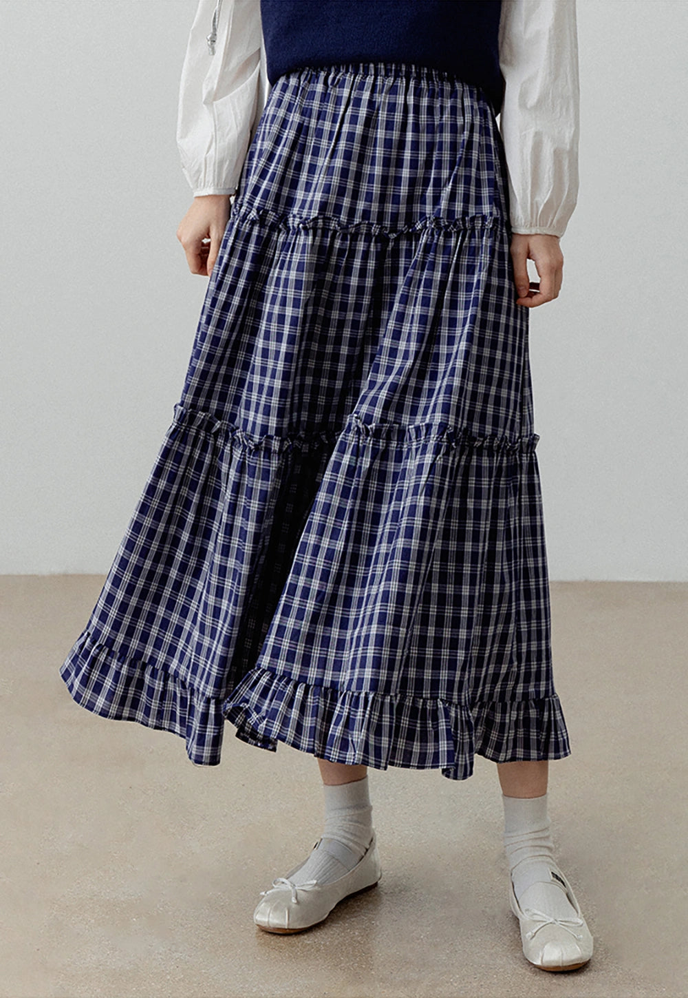 Tiered Plaid Midi Skirt with Ruffled Hem