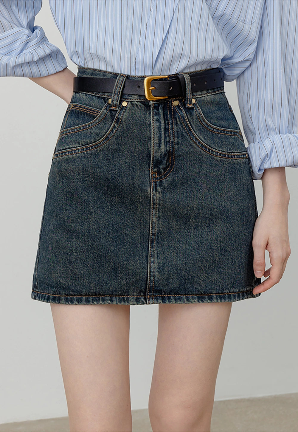 Women's Denim A-Line Skirt with Belt