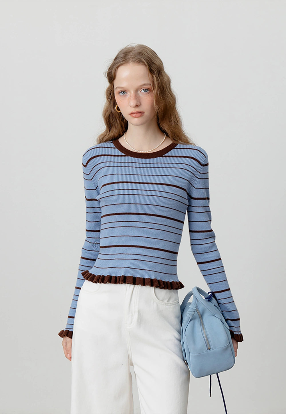 Ribbed Striped Sweater with Frill Details