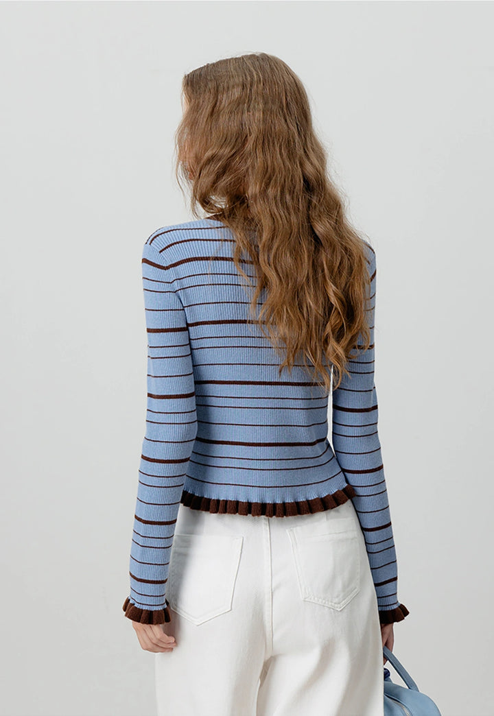 Ribbed Striped Sweater with Frill Details