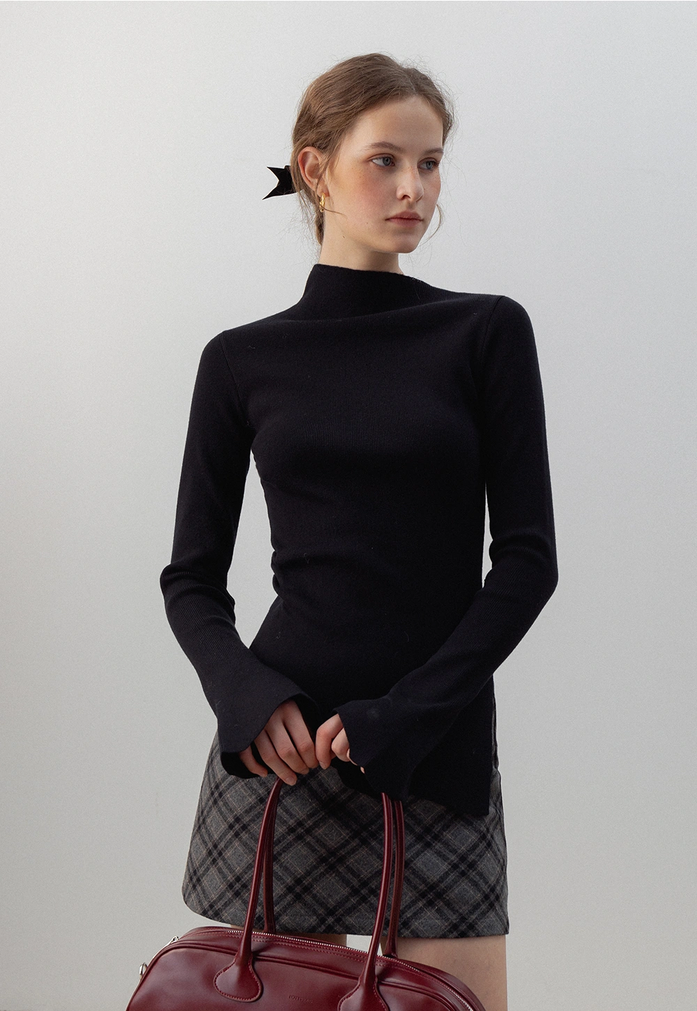 Asymmetrical High-Neck Sweater with Flared Sleeves