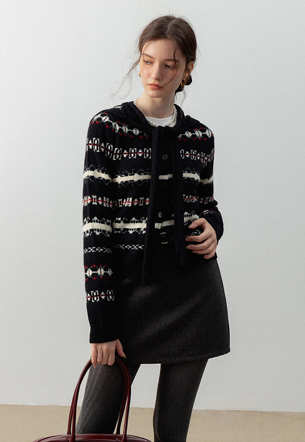 Women's Fair Isle Knit Cardigan with Tie Neck