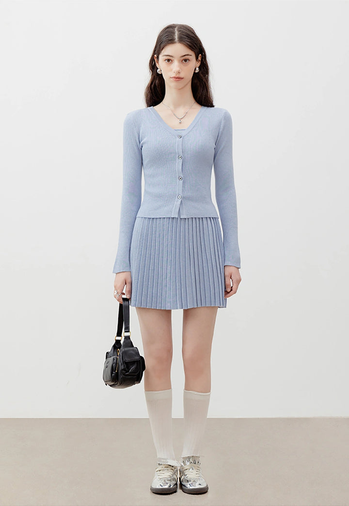 Knit 3-Piece Set: Crop Top, Cardigan, and Pleated Skirt