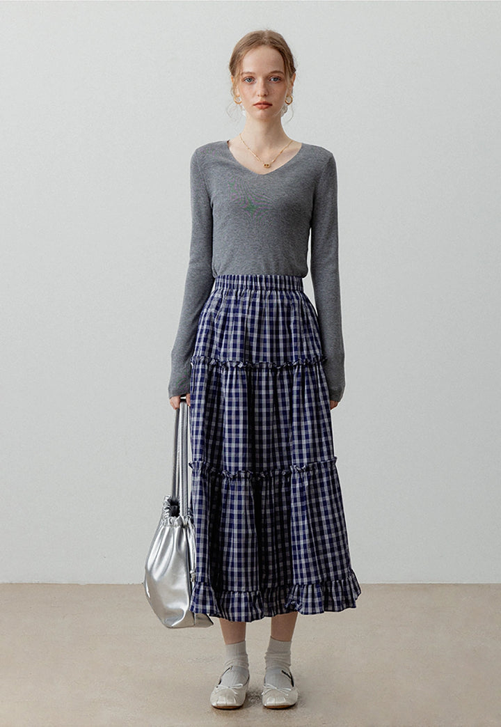 Tiered Plaid Midi Skirt with Ruffled Hem