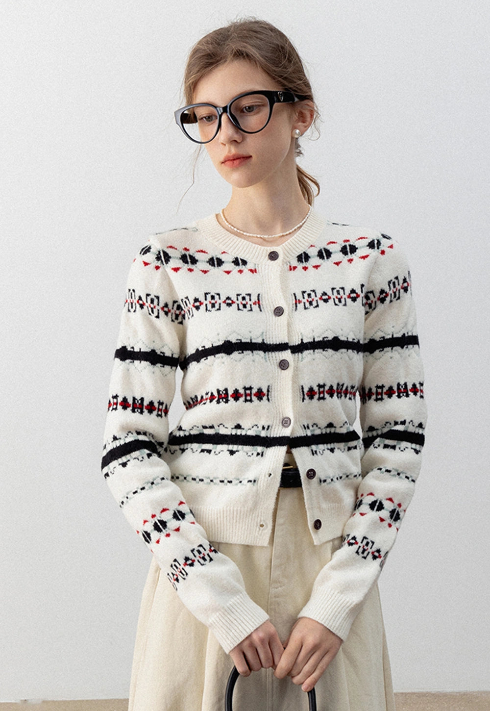 Women's Fair Isle Knit Cardigan with Tie Neck