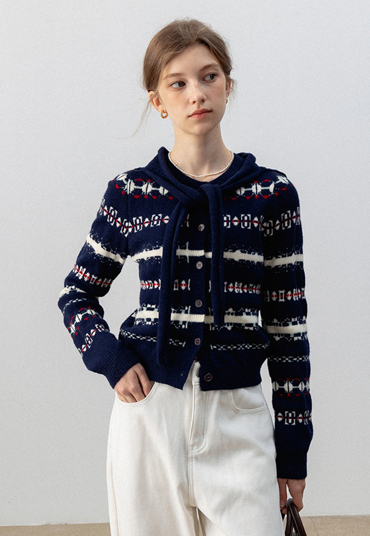 Women's Fair Isle Knit Cardigan with Tie Neck