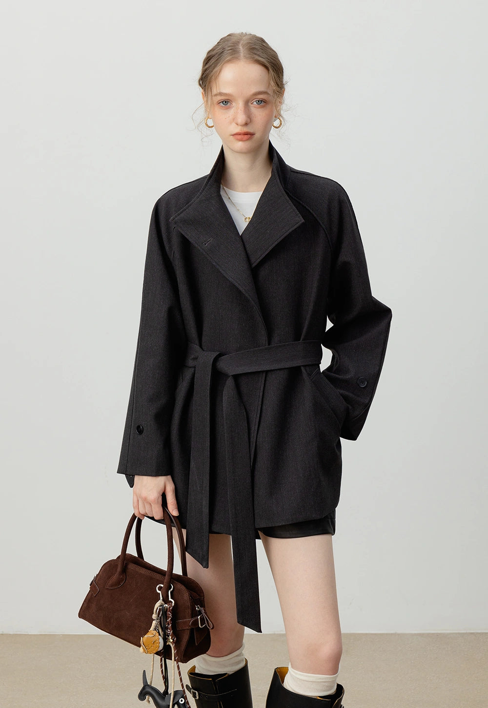 Women's Wrap Belted Jacket – High Neck Button-Up Coat