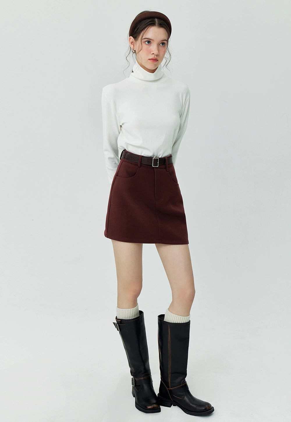 Women's A-Line Mini Skirt with Belt - High Waist Casual Skirt
