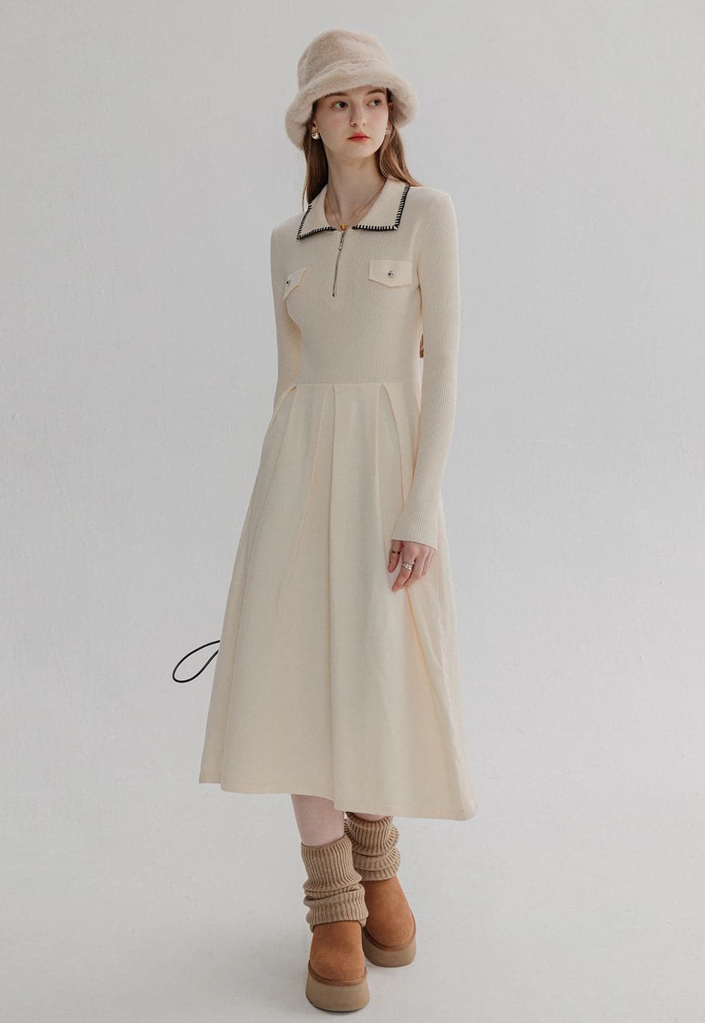 Elegant Long-Sleeve Knit Midi Dress with Black Trim and Zip Detail - Stylish Comfort