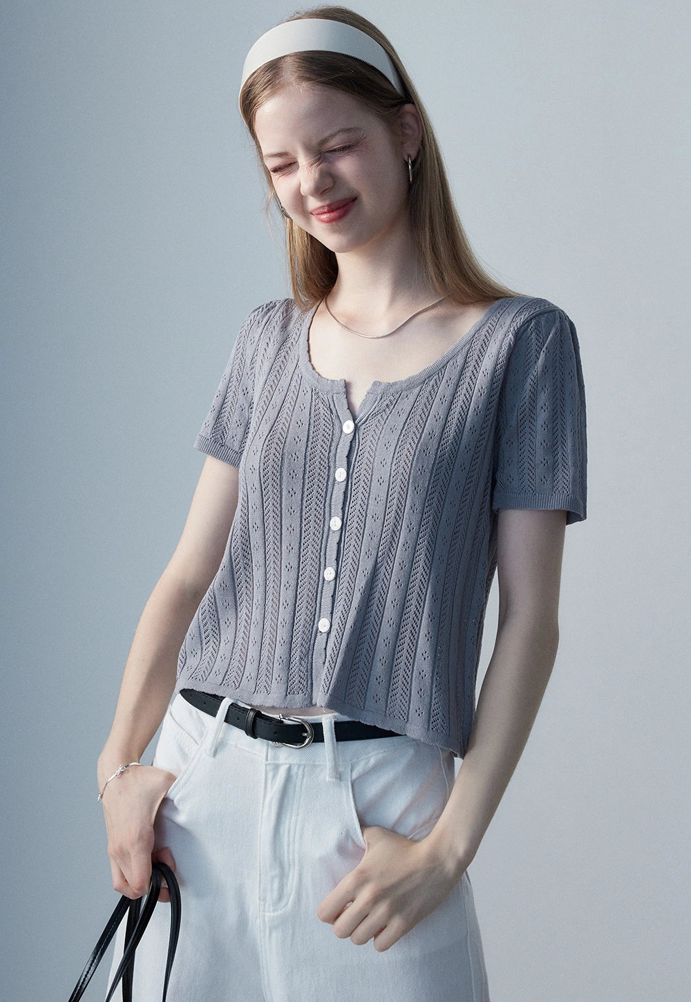 Women's Short-Sleeve Button-Up Knit Top