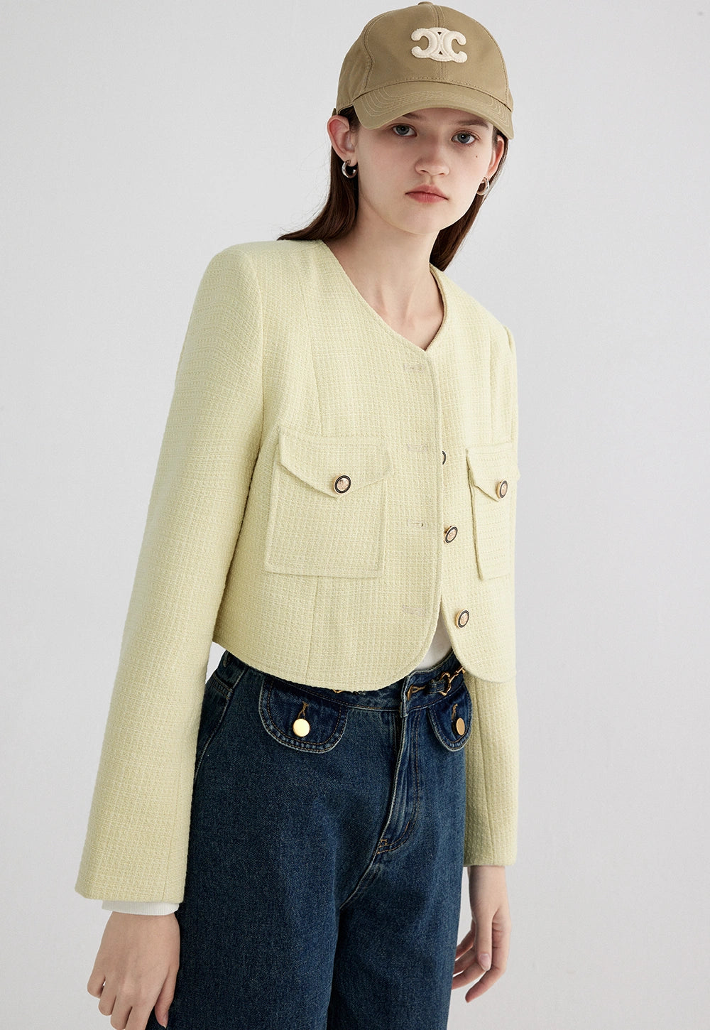 Women's Textured Crop Jacket with Button Closure and Patch Pockets