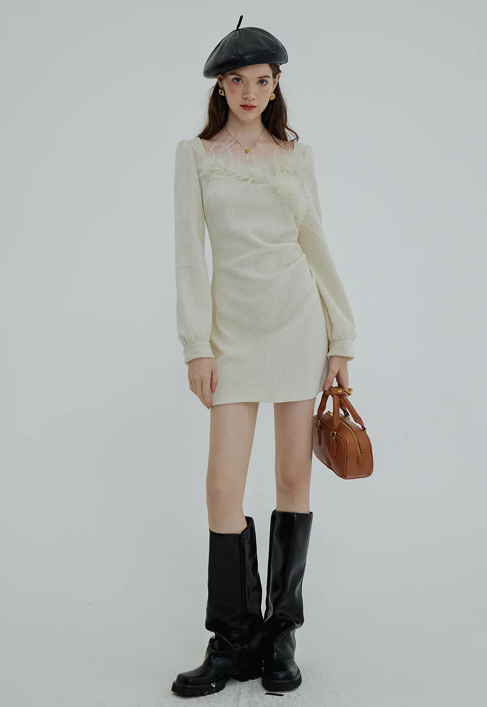 Feather-Trimmed Textured Long-Sleeve Dress