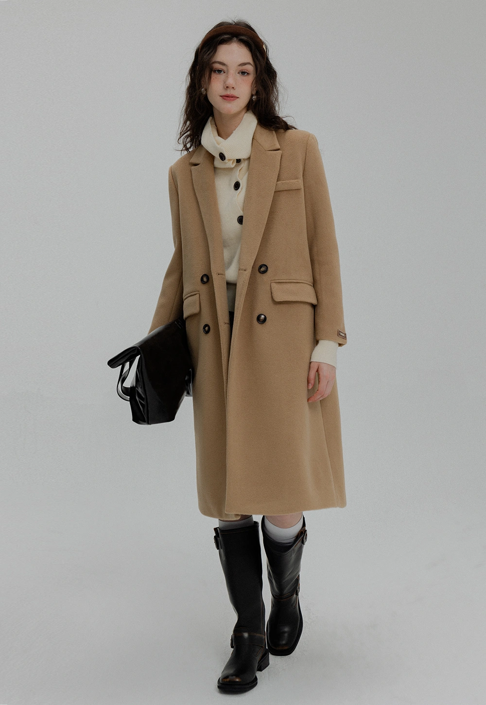 Women's Brown Double-Breasted Long Coat with Notched Lapel and Front Pockets