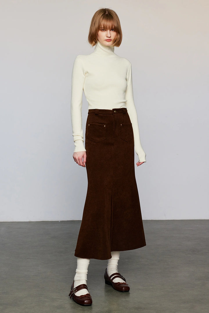 Women's High-Waisted Brown Corduroy Fishtail Midi Skirt with Front Pockets