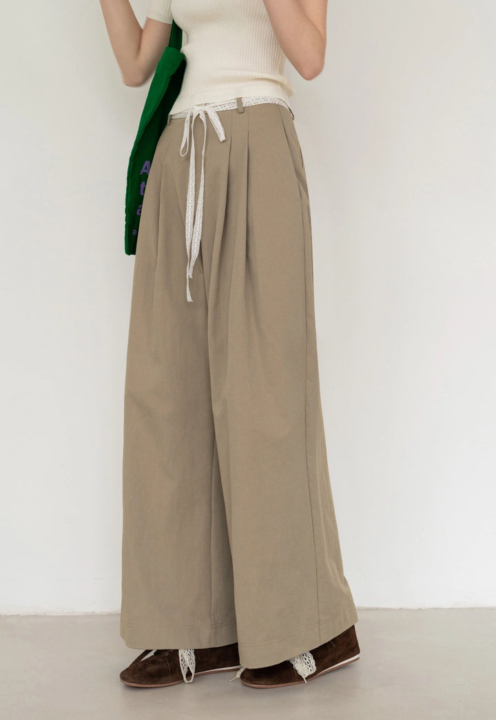 Casual Pleated Wide-Leg Pants with Drawstring Detail