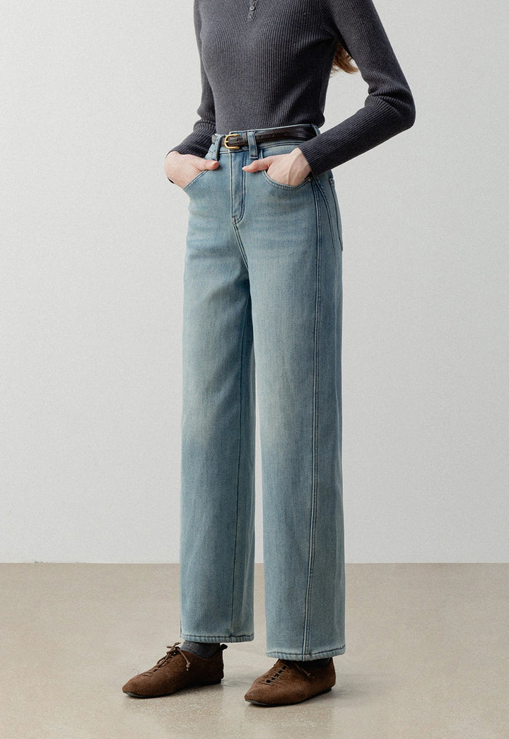 Women's Fleece-Lined Denim Jeans with Side Seam Design