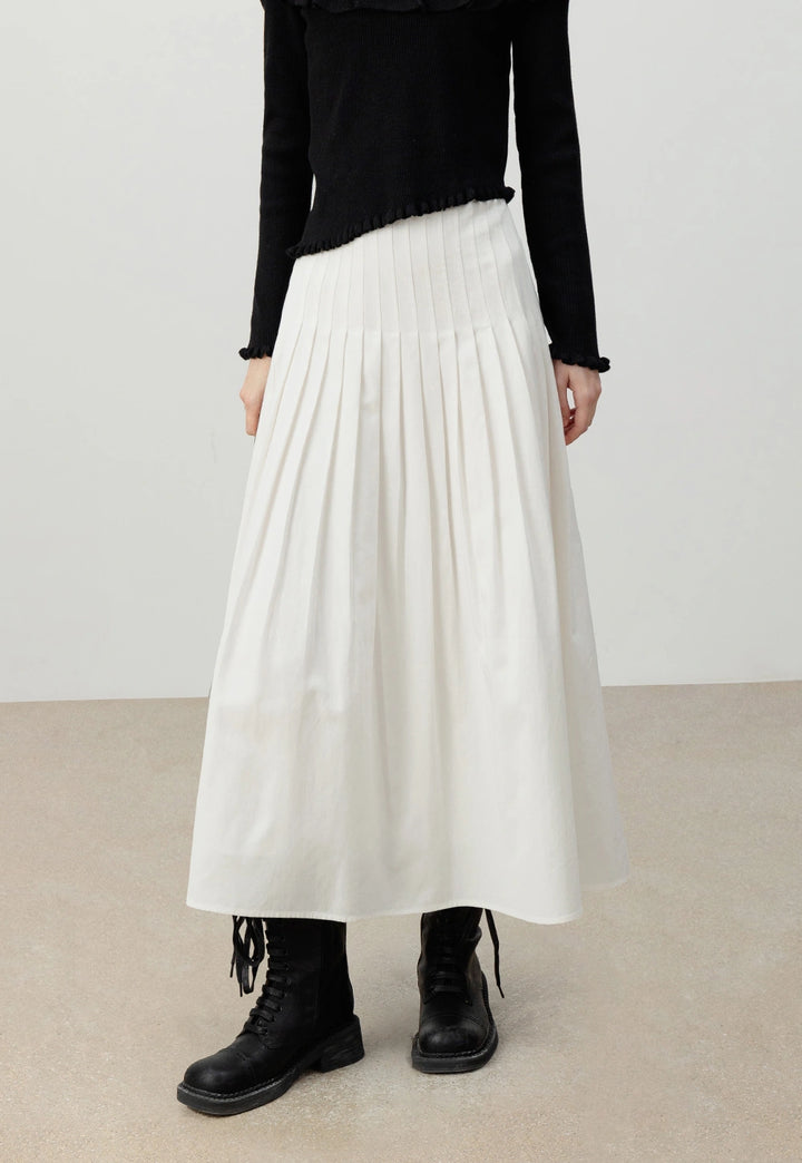 White Pleated A-Line Midi Skirt