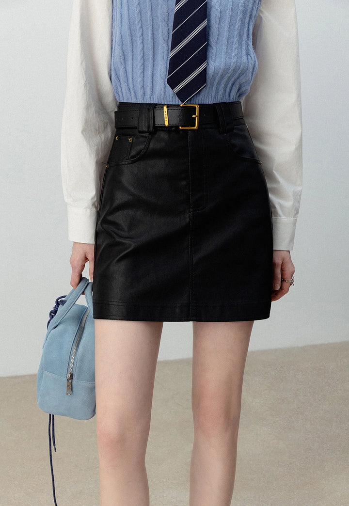 lack Faux Leather Mini Skirt with Belt