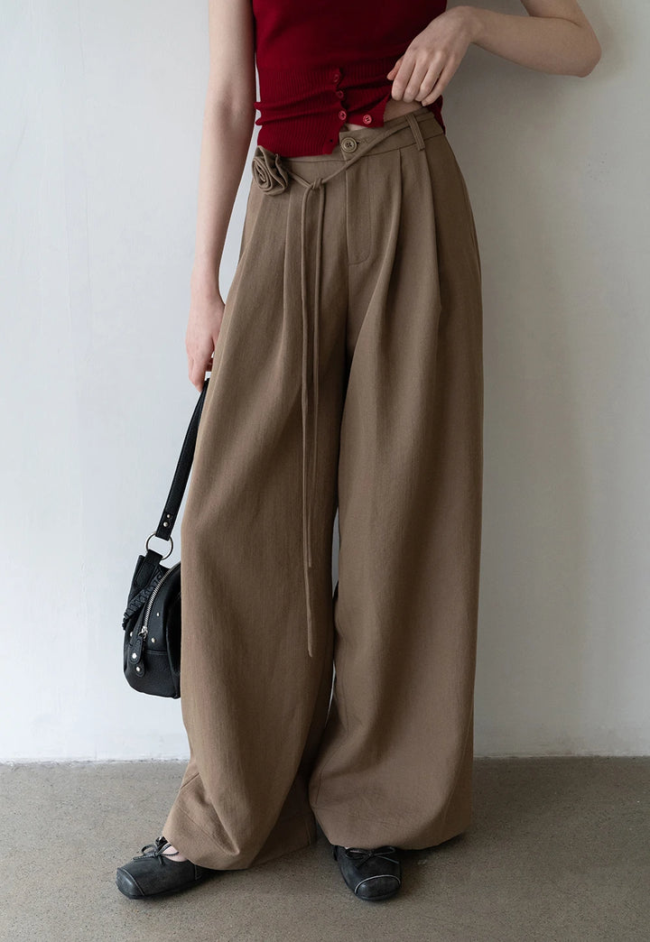 Elegant Draped Loose Casual Pants with Floral Belt Accent