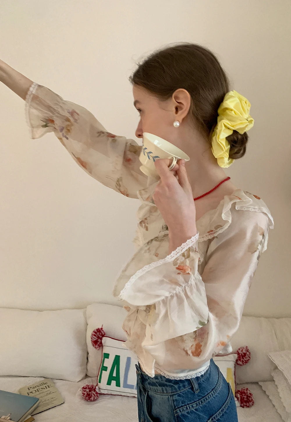 Floral Off-Shoulder Ruffle Blouse with Lace Trim