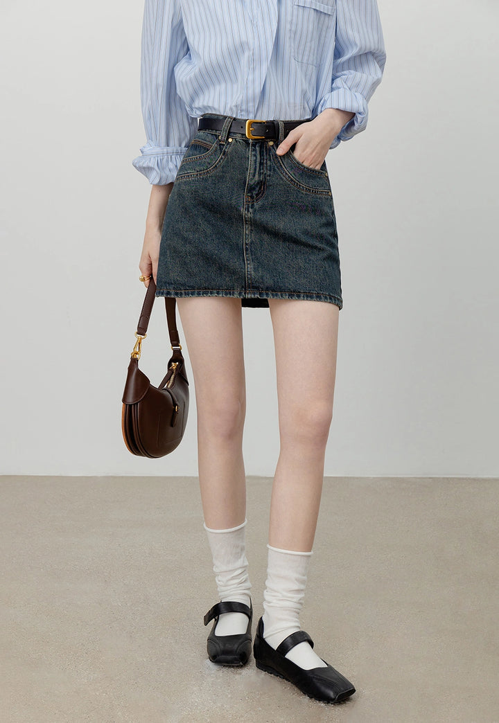 Women's Denim A-Line Skirt with Belt