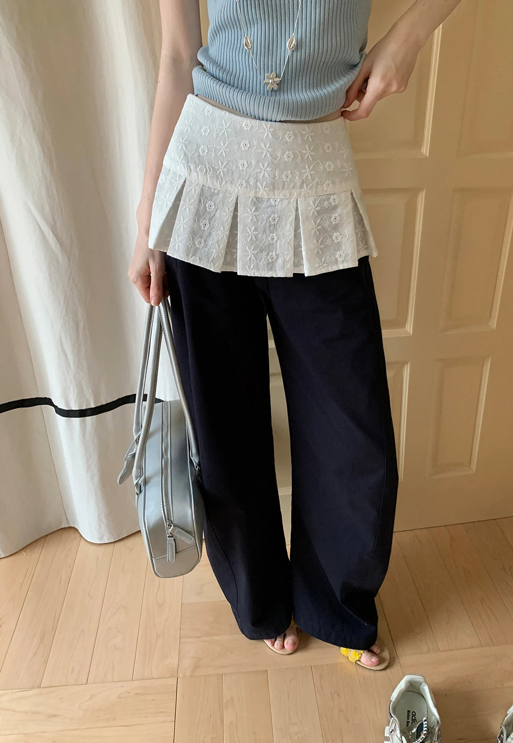 Patchwork Embroidered Pleated Overlay Wide-Leg Pants