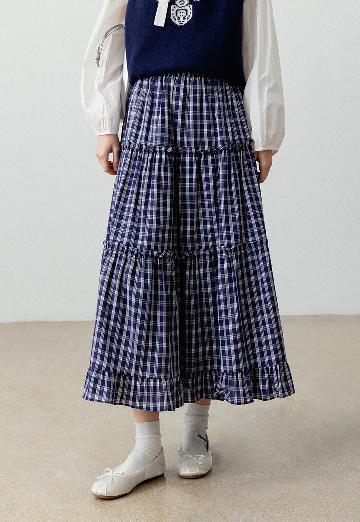 Tiered Plaid Midi Skirt with Ruffled Hem