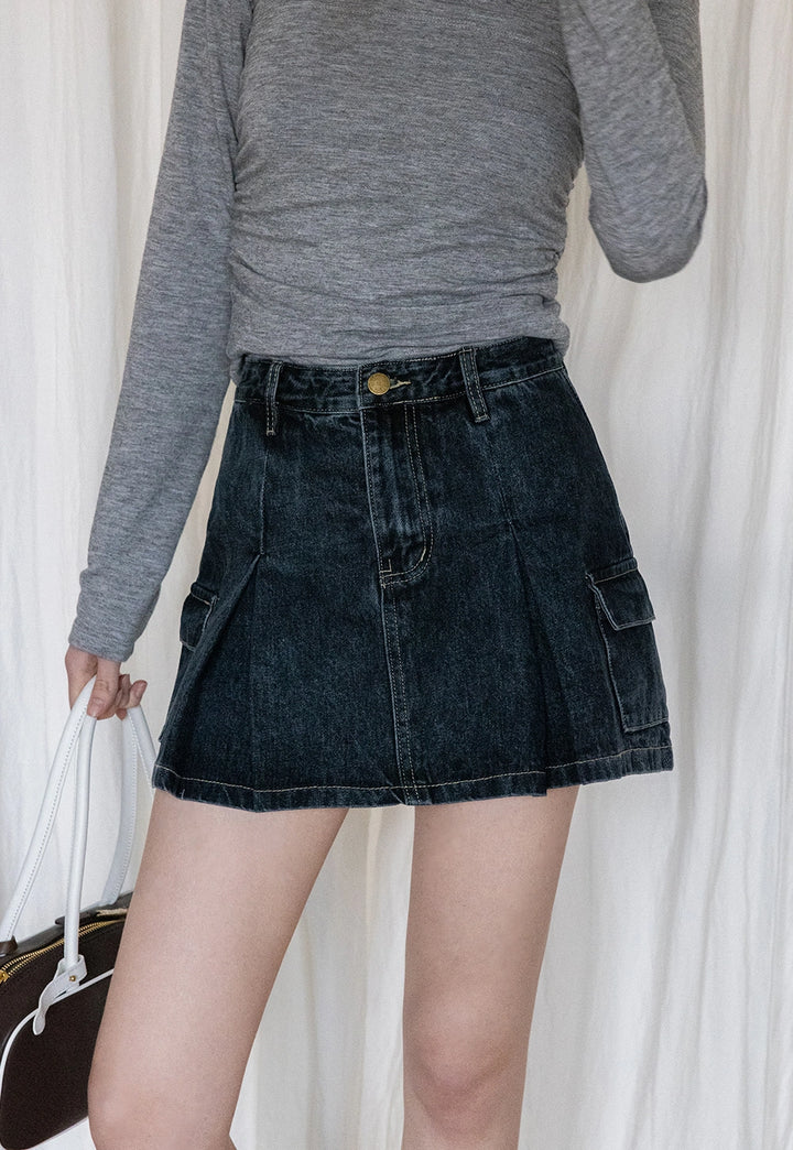 Denim Pleated Skirt with Cargo Pockets