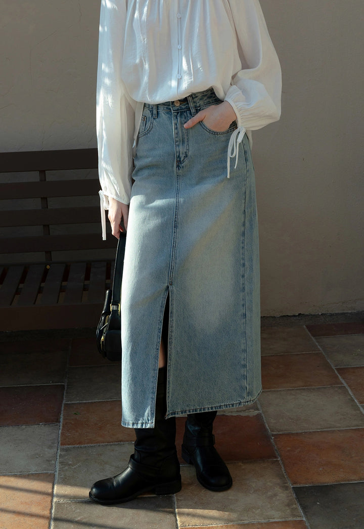 Women's High-Waisted Denim Skirt with Front Slit