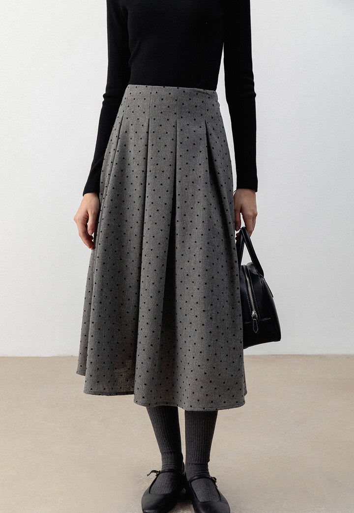 Gray Pleated Polka Dot Midi Skirt