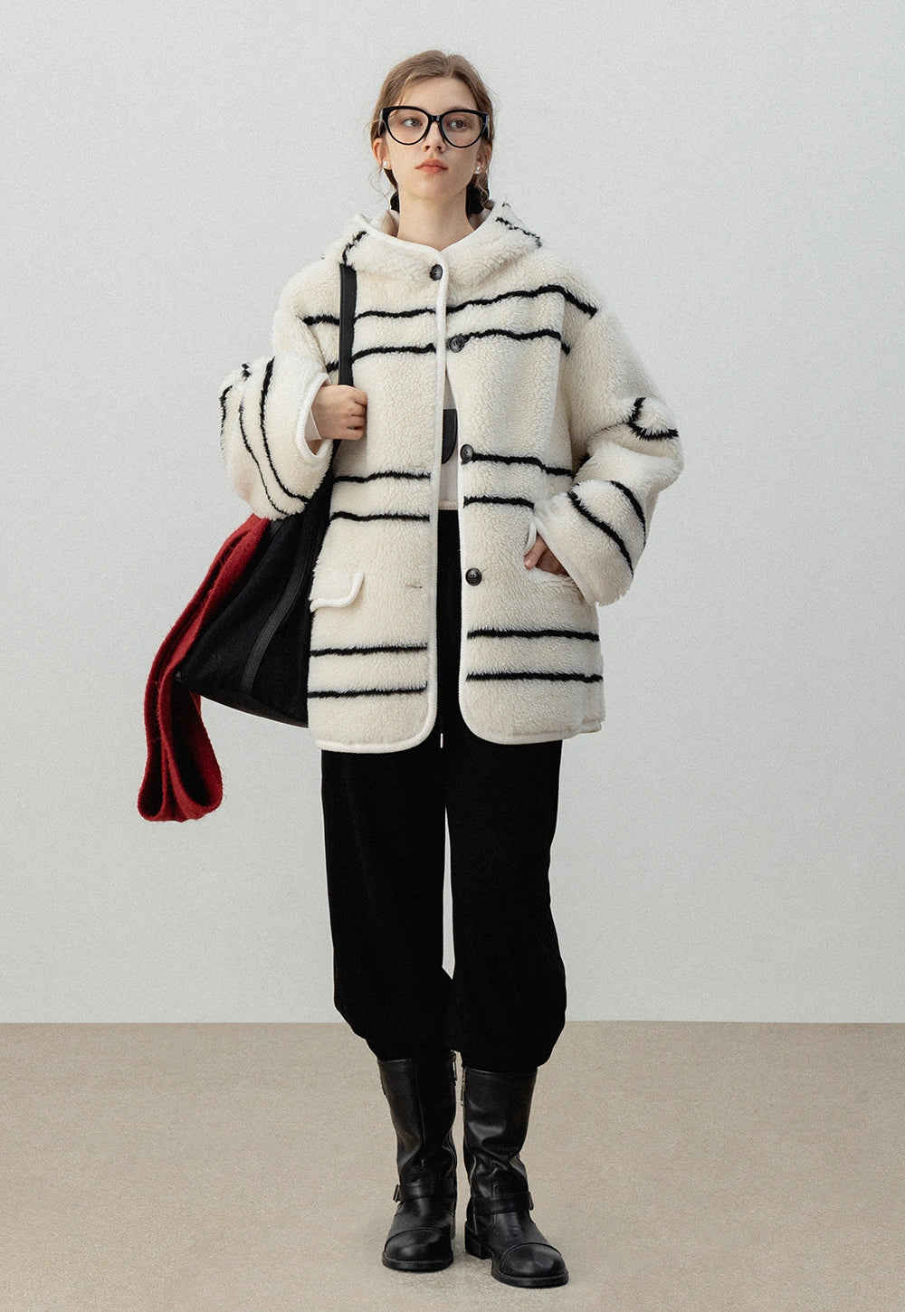 Striped Fleece Hooded Coat