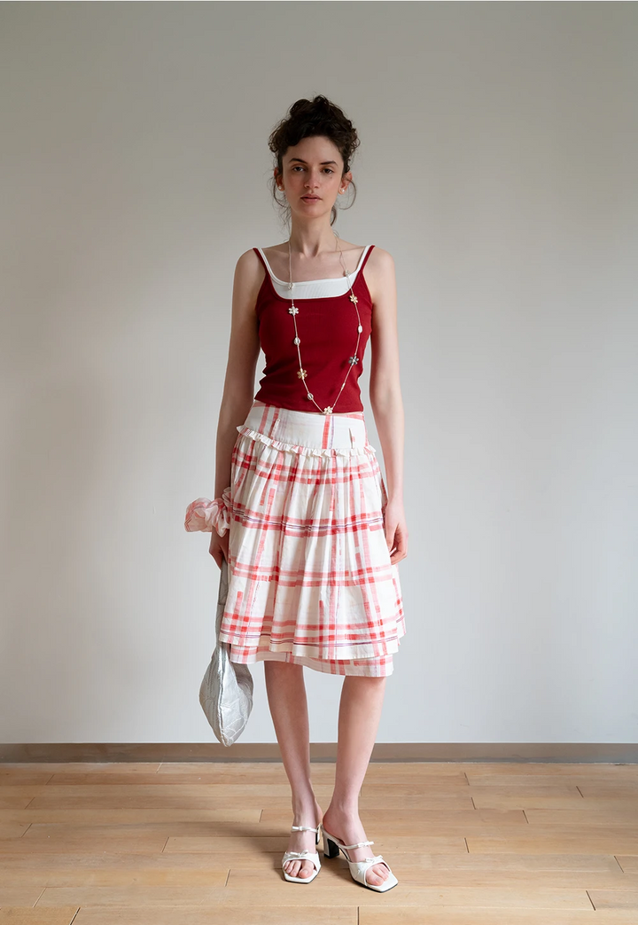 Women's Plaid High Waist Midi Skirt with Ruffle Trim