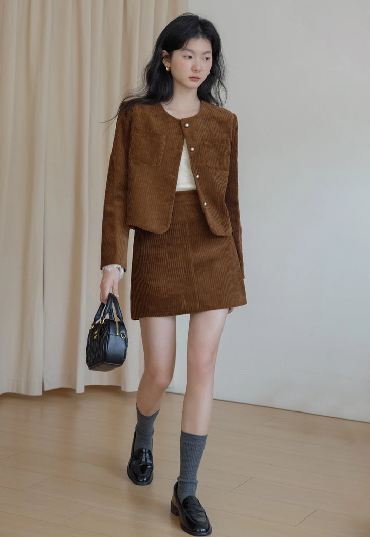 Corduroy Set: Button-Up Jacket and Mini Skirt