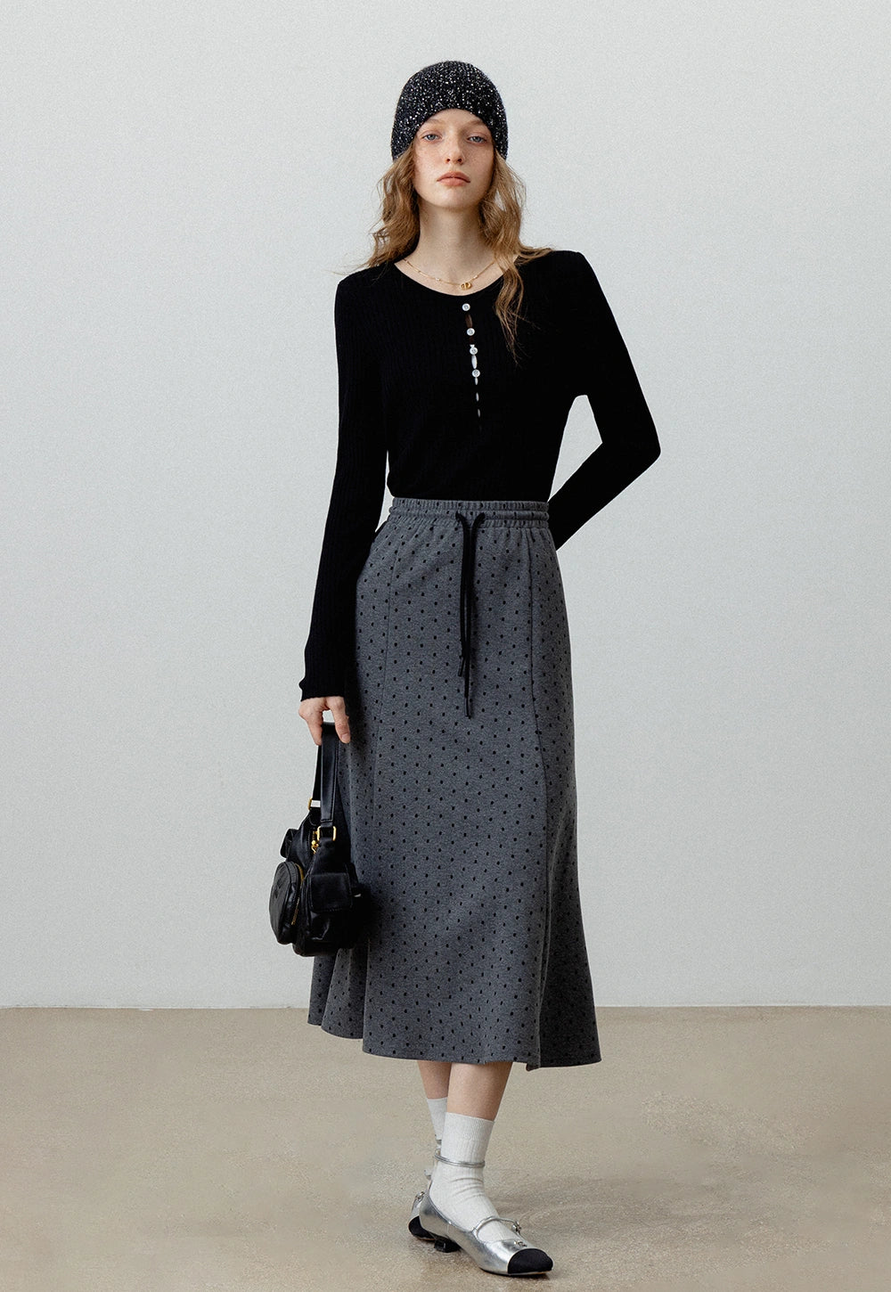 Women's Polka Dot Drawstring Waist Flared Midi Skirt