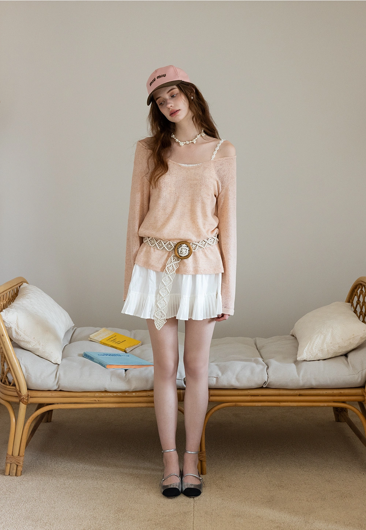 Boho-Inspired Beige Knit Top with Crochet Belt