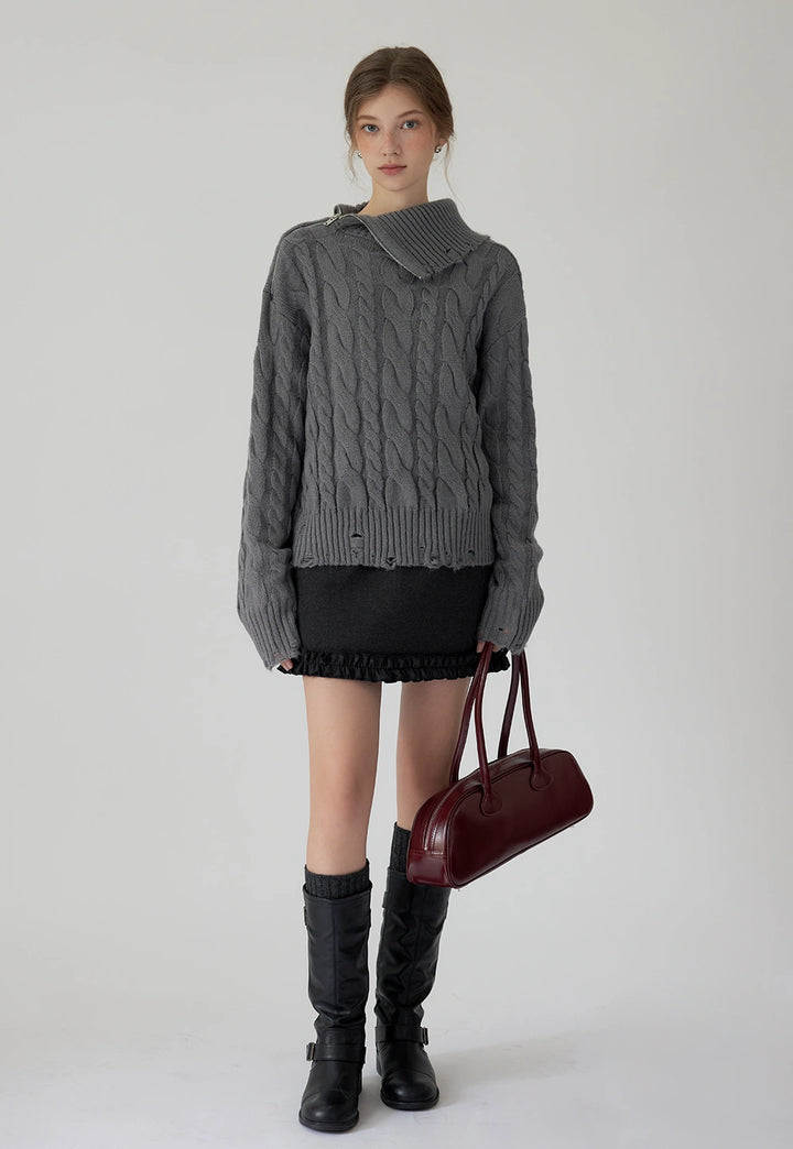 Women's High-Neck Side Zipper Cable Knit Sweater