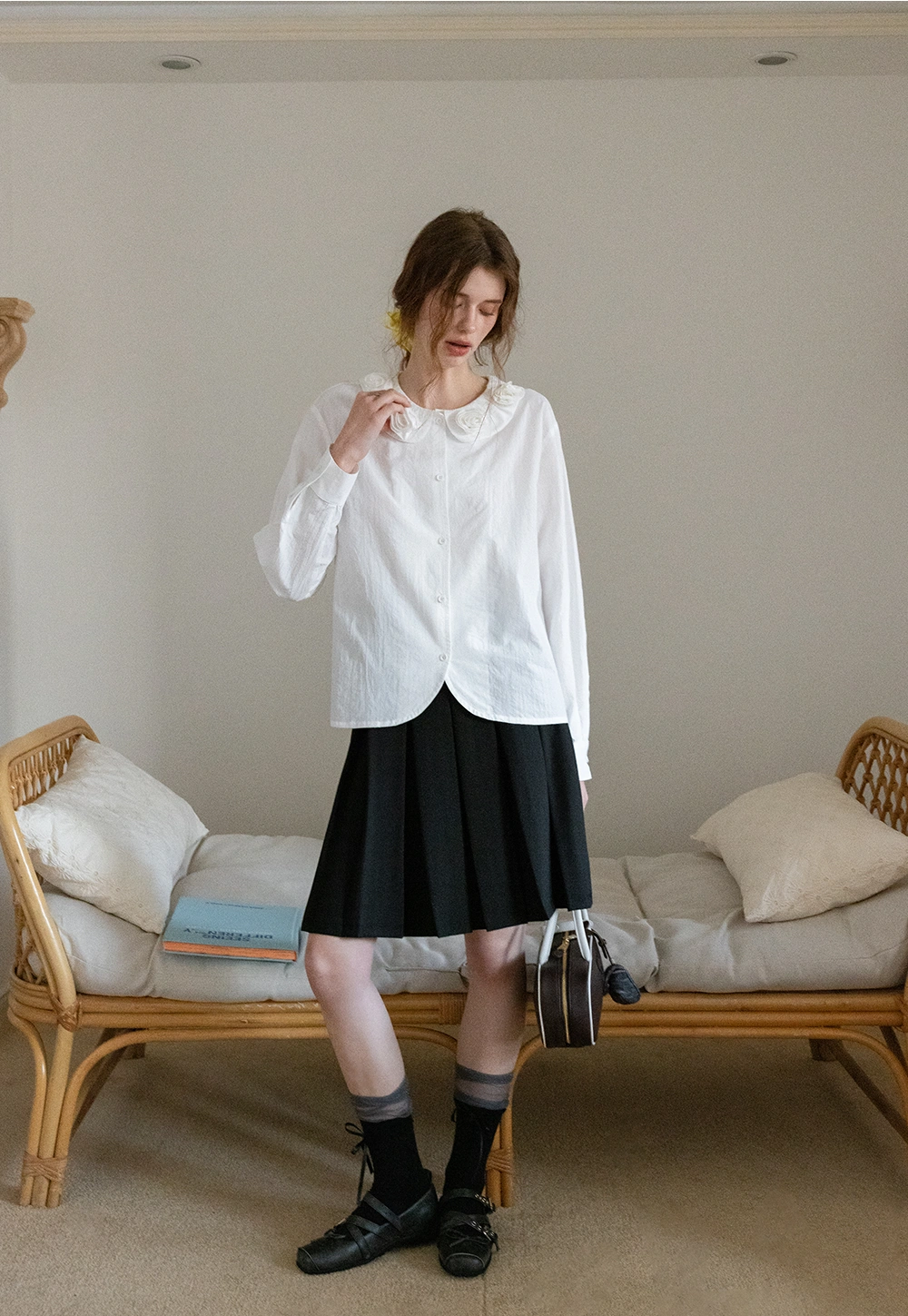 White Button-Up Blouse with Floral Embellished Collar