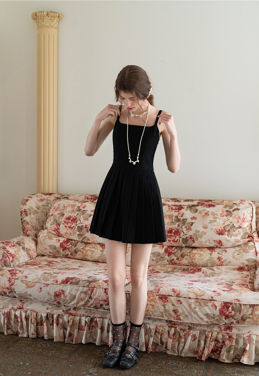 Black Pleated Mini Dress with Adjustable Straps