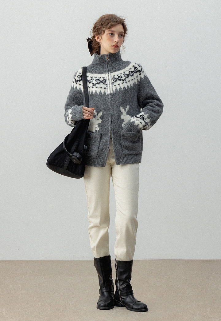 Rabbit Pattern Knit Zip-Up Cardigan