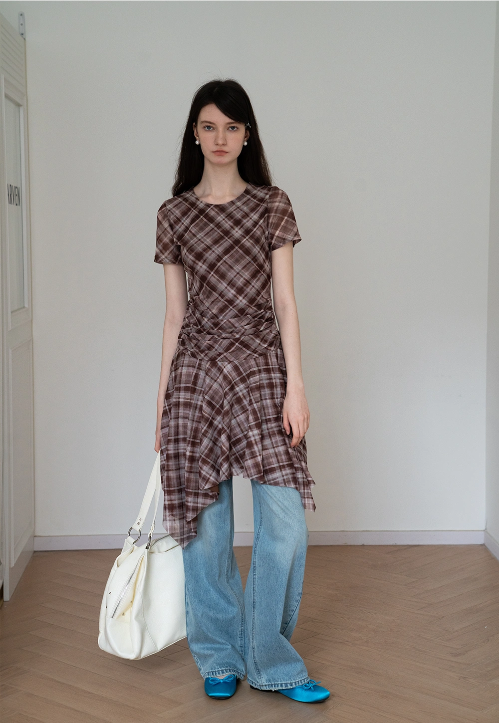 Crew Neck Plaid Ruched Midi Dress