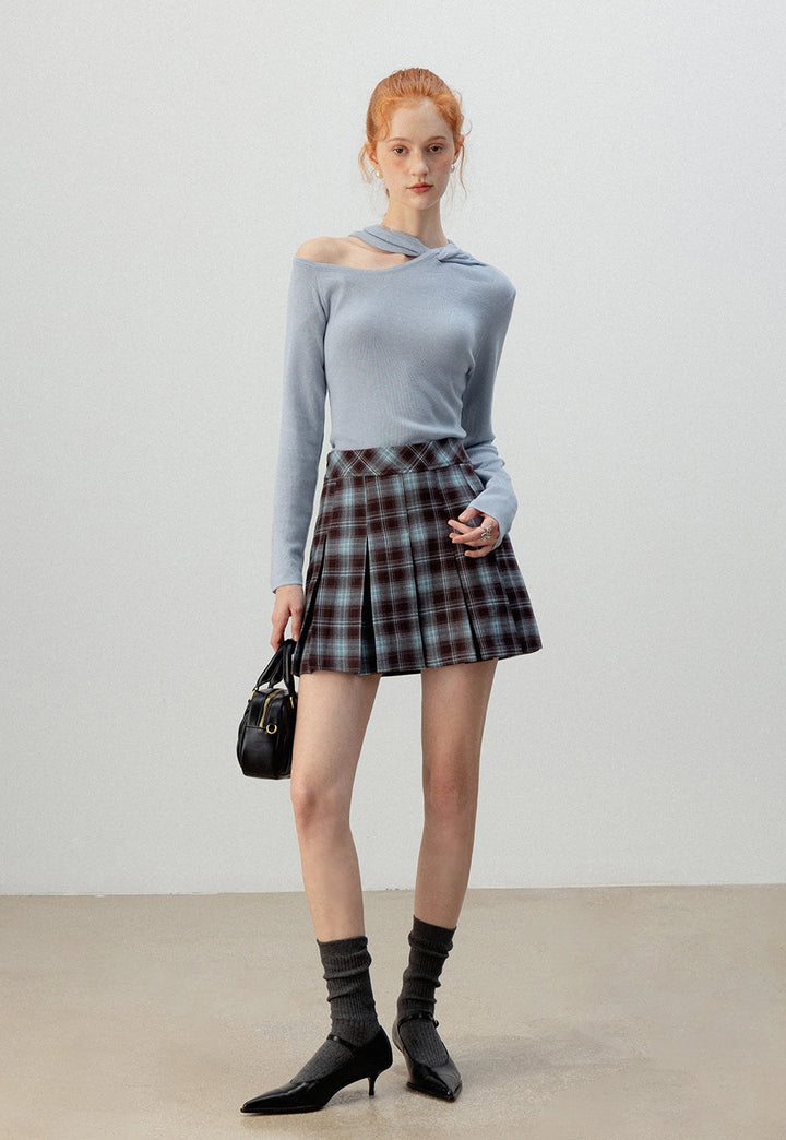 Brown and Blue Plaid Pleated Mini Skirt