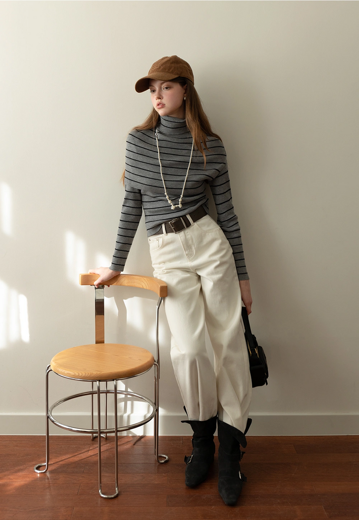 Women's Striped Layered High Neck Knit Top