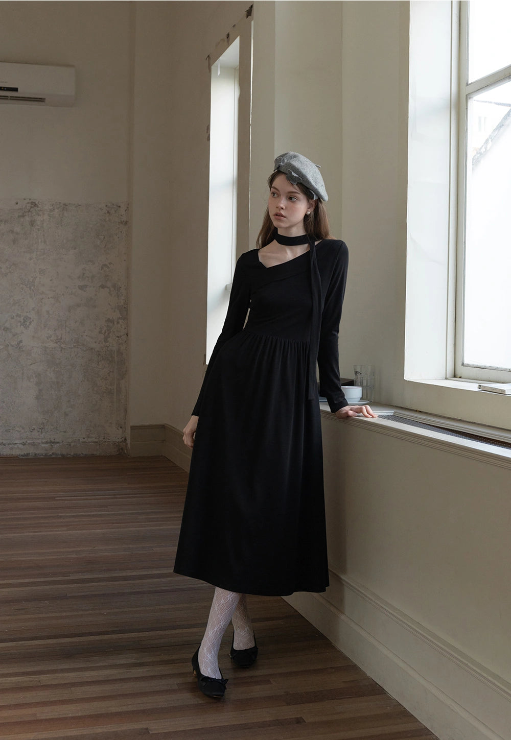 Women’s Long-Sleeve Black Asymmetrical Neckline Midi Dress