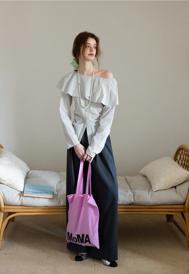 Off-Shoulder Ruffled Checkered Top with Long Sleeves