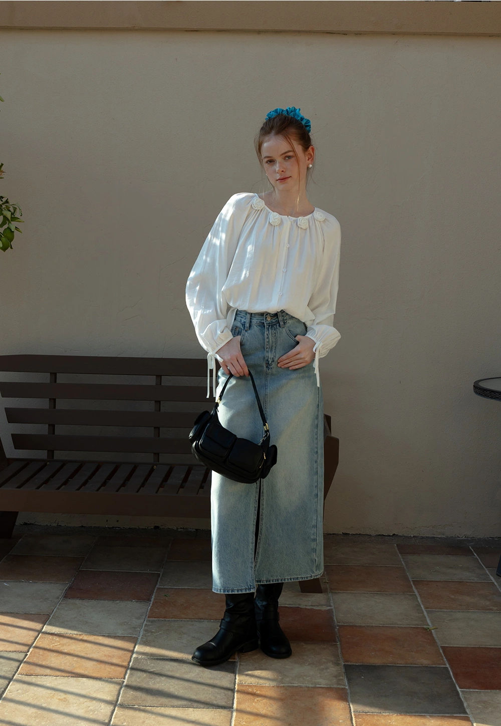 Women's High-Waisted Denim Skirt with Front Slit