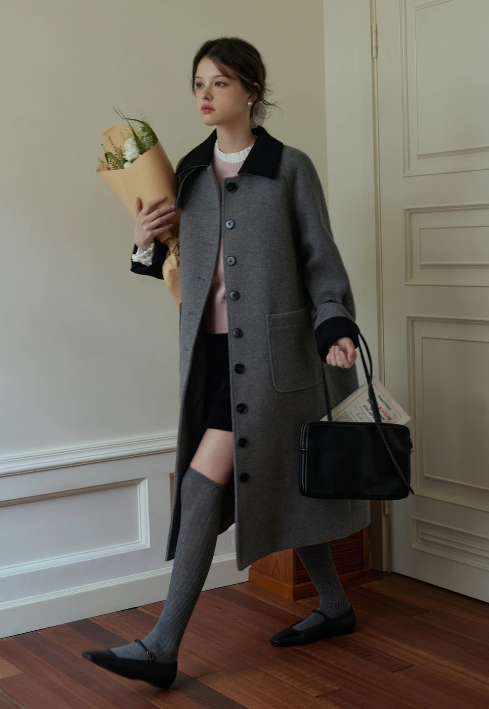 Women's Long Wool Coat with Button Closure