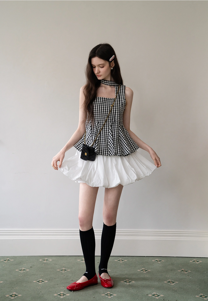 Gingham Pleated Peplum Tie-Strap Top