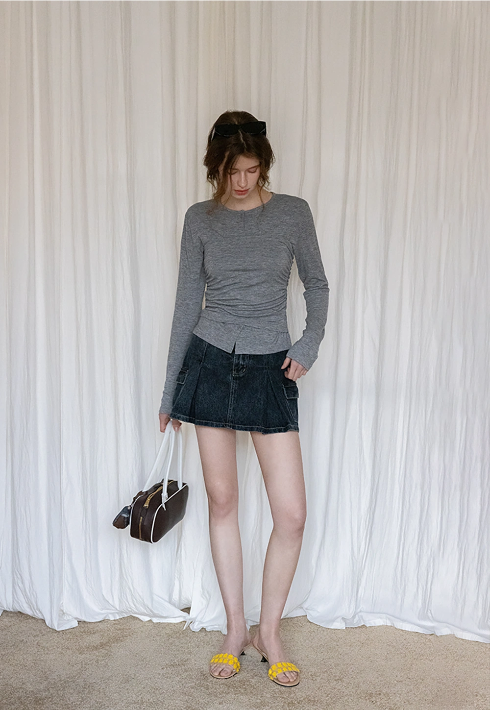 Denim Pleated Skirt with Cargo Pockets