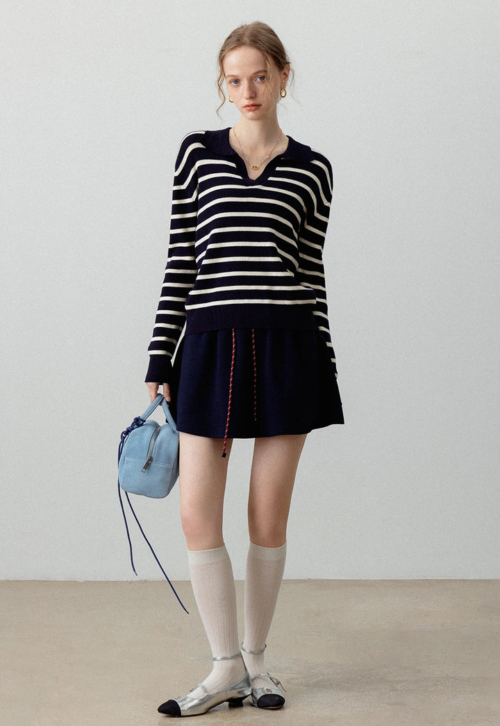 Women's Striped V-Neck Ribbed Knit Sweater