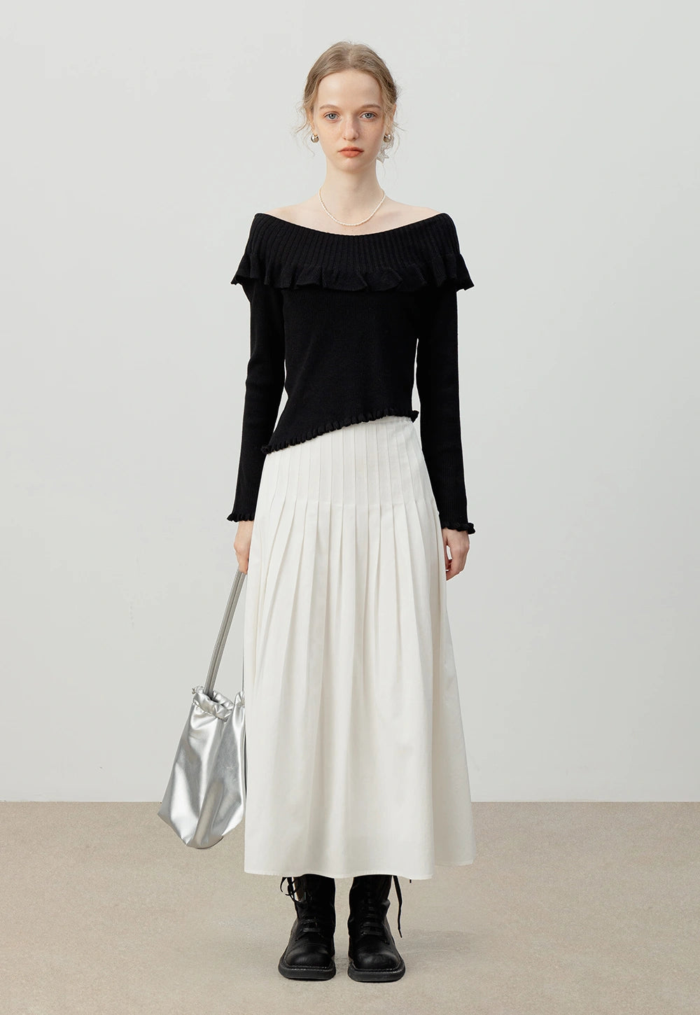 White Pleated A-Line Midi Skirt